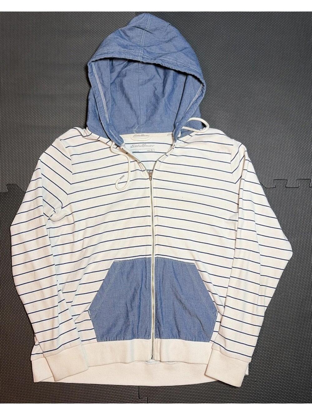 Eddie Bauer Women’s Grey/White,blue Striped Full Zip Sweater W/Pockets Size XL